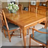 F30. Ethan Allen dining table with 6 wheat backed chairs (includes a leaf) 30”h x 68”w x 39”d 